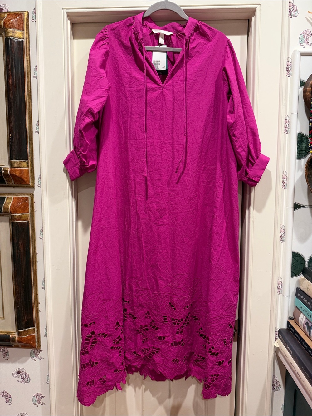 H&M Bright Fuchsia Tie-Neck Maxi Dress with Eyelet Hem